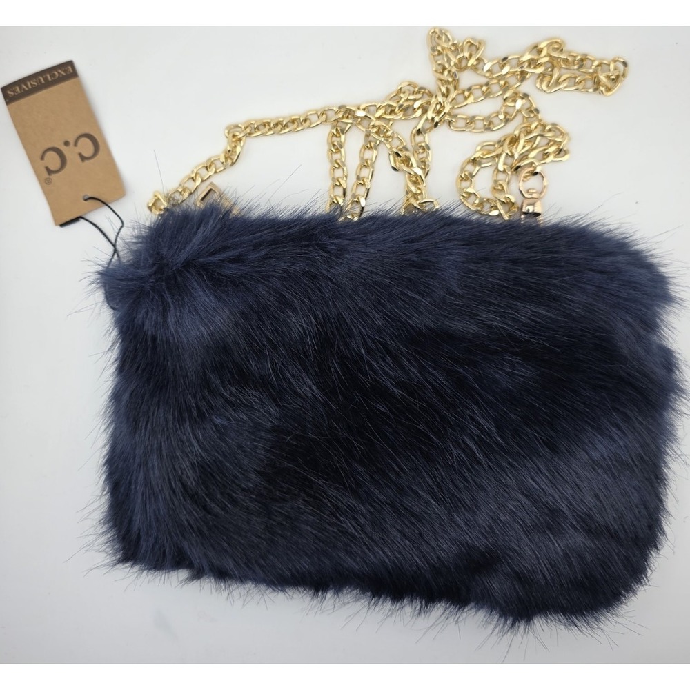 C.C Faux Fur Crossbody Bag Navy‎ Blue Gold Chain Strap Mini Purse NWT